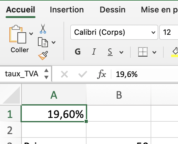 Ecrire une formule Excel avec un nommage de cellule. Une astuce interessante
