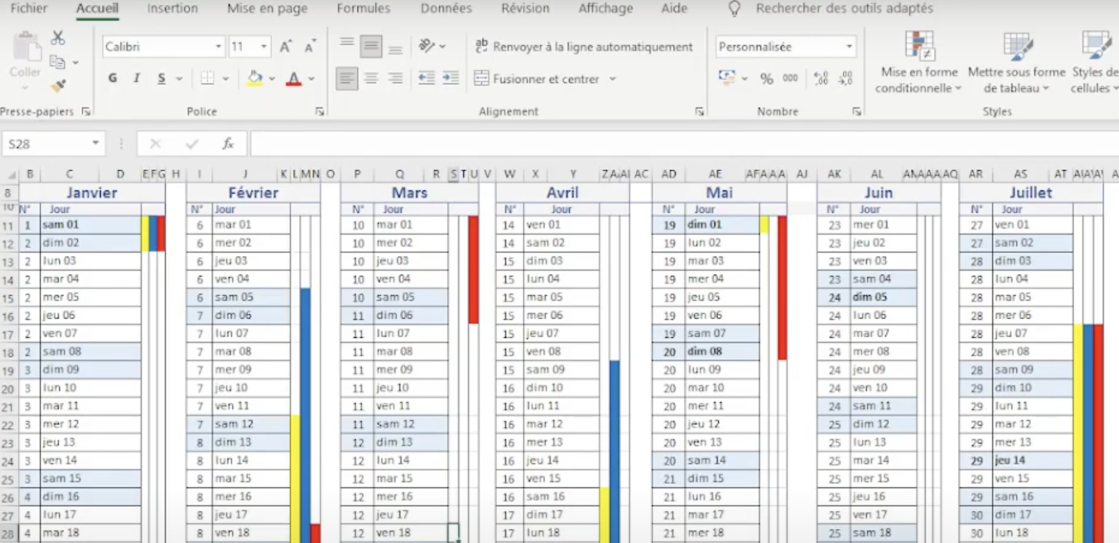 Calendrier Excel