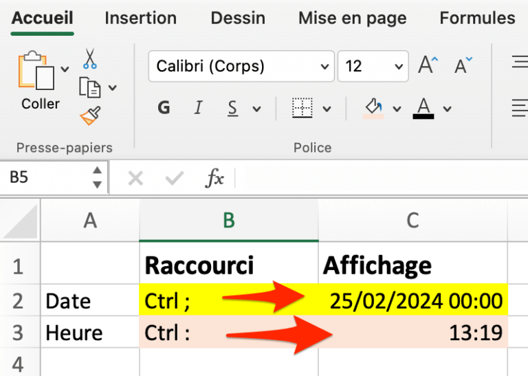 Excel date et heure en raccourci clavier sur Microsoft Excel dans une cellule
