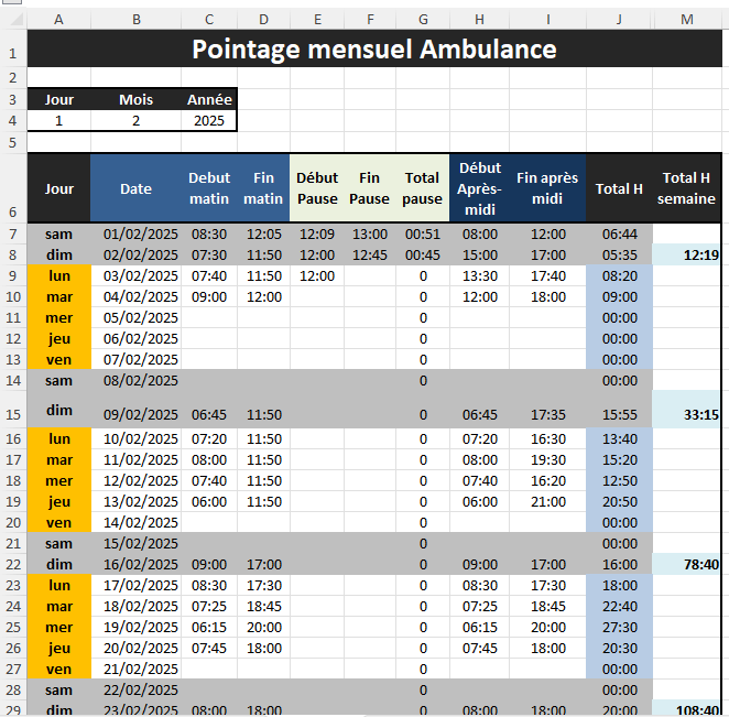 ambulance-excel-pointageèheure-supplemantaire Calcul heure supplémentaire spécial ambulance