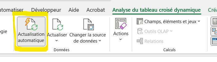 Nouveauté Excel : bouton actualisé pour les TCDs apparait maintenant dans la barre de l'analyse des TCD