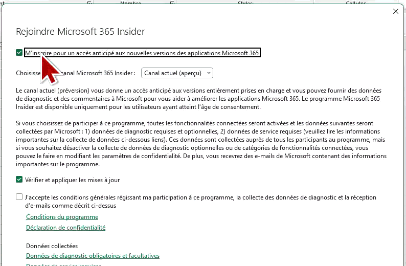 Se désinscrire du programme Office Insider Excel 365