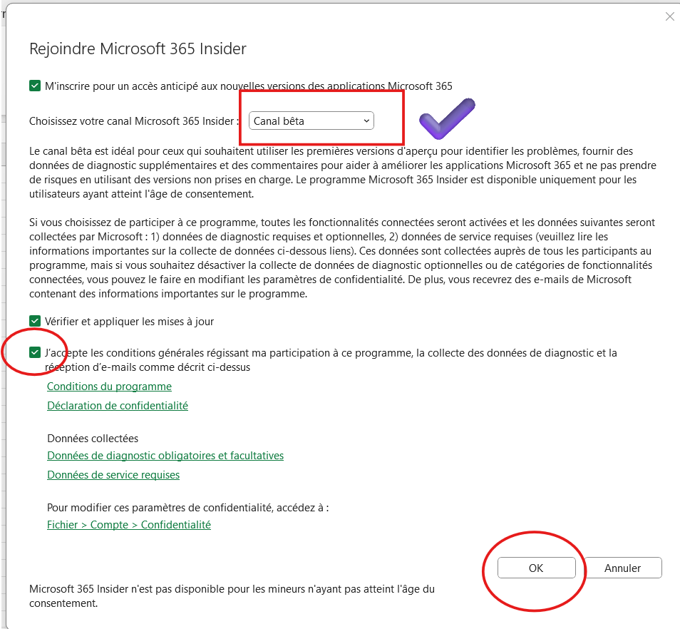 Choisir le canal Programme Excel Insider