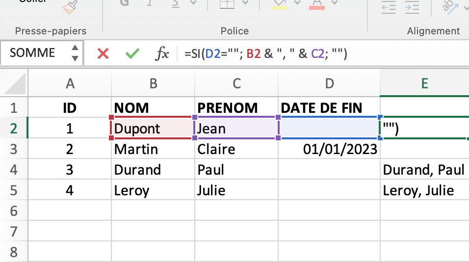 Colonne auxiliaire concaténant NOM et PRENOM si Date de fin vide