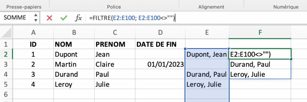 Liste filtrée avec FILTRE dans Excel 365