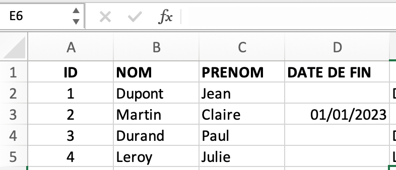 Tableau de liste de prénoms Excel